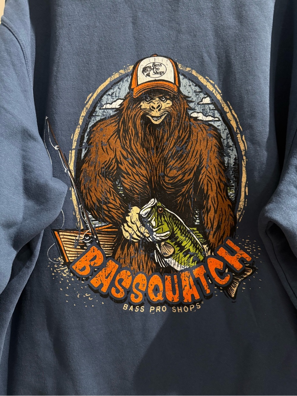 New Bassquatch Bass Pro Shops Men's Blue Hooded Sweatshirt, size XXL